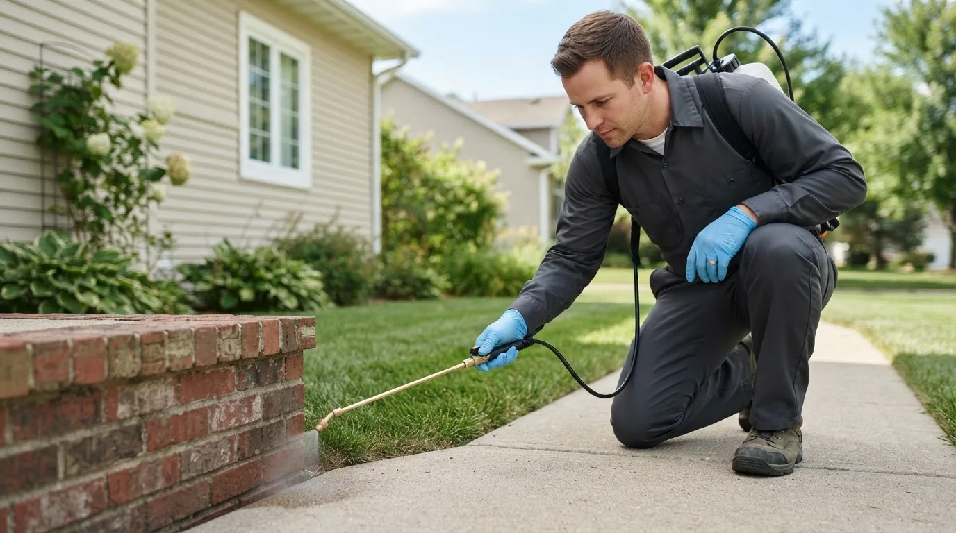 Pest control technician treating a home near Minneota, MN